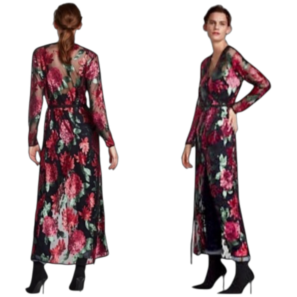 ZARA Limited Edition Sequin Floral Kimono Dress Mesh Duster Jacket Size M 6-12